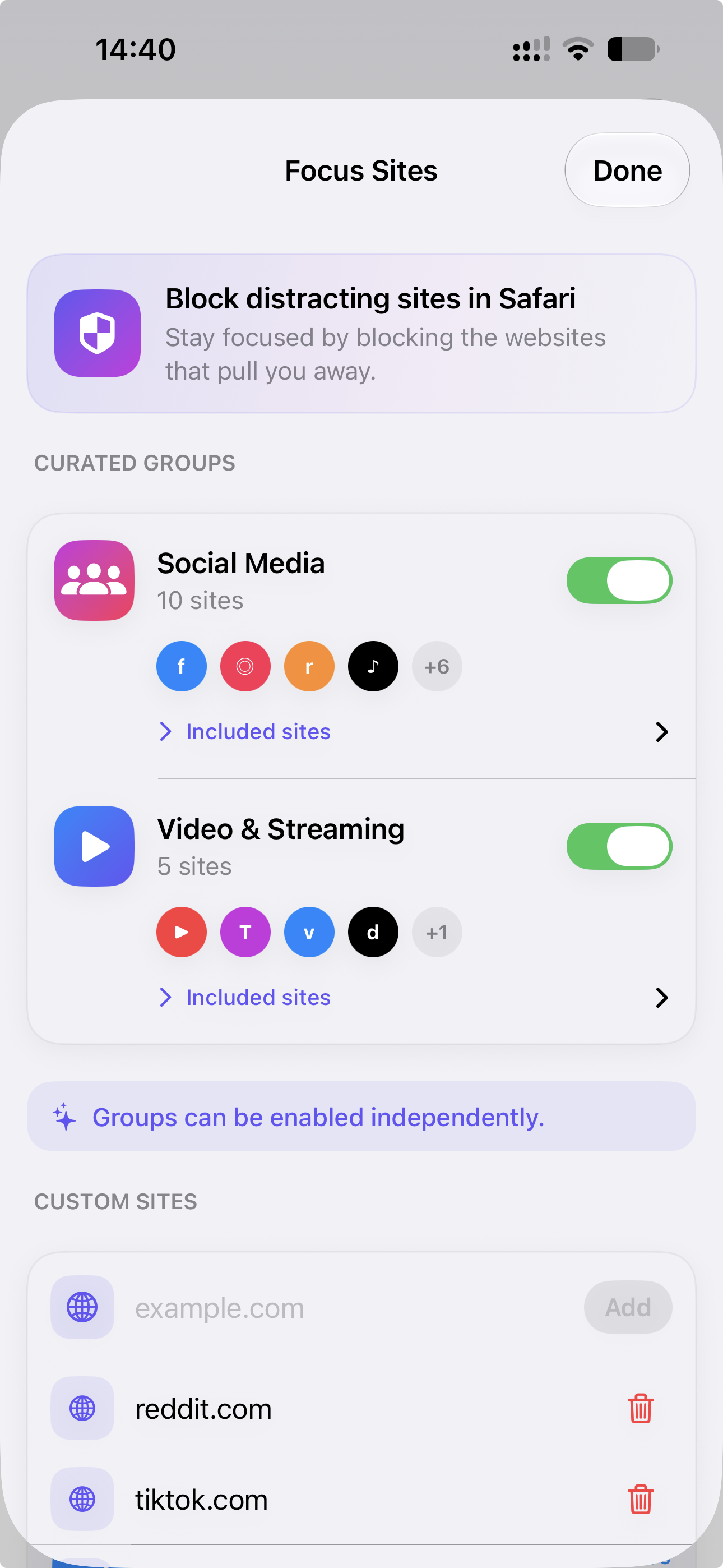 Focus Sites screen with Social Media and Video & Streaming website groups